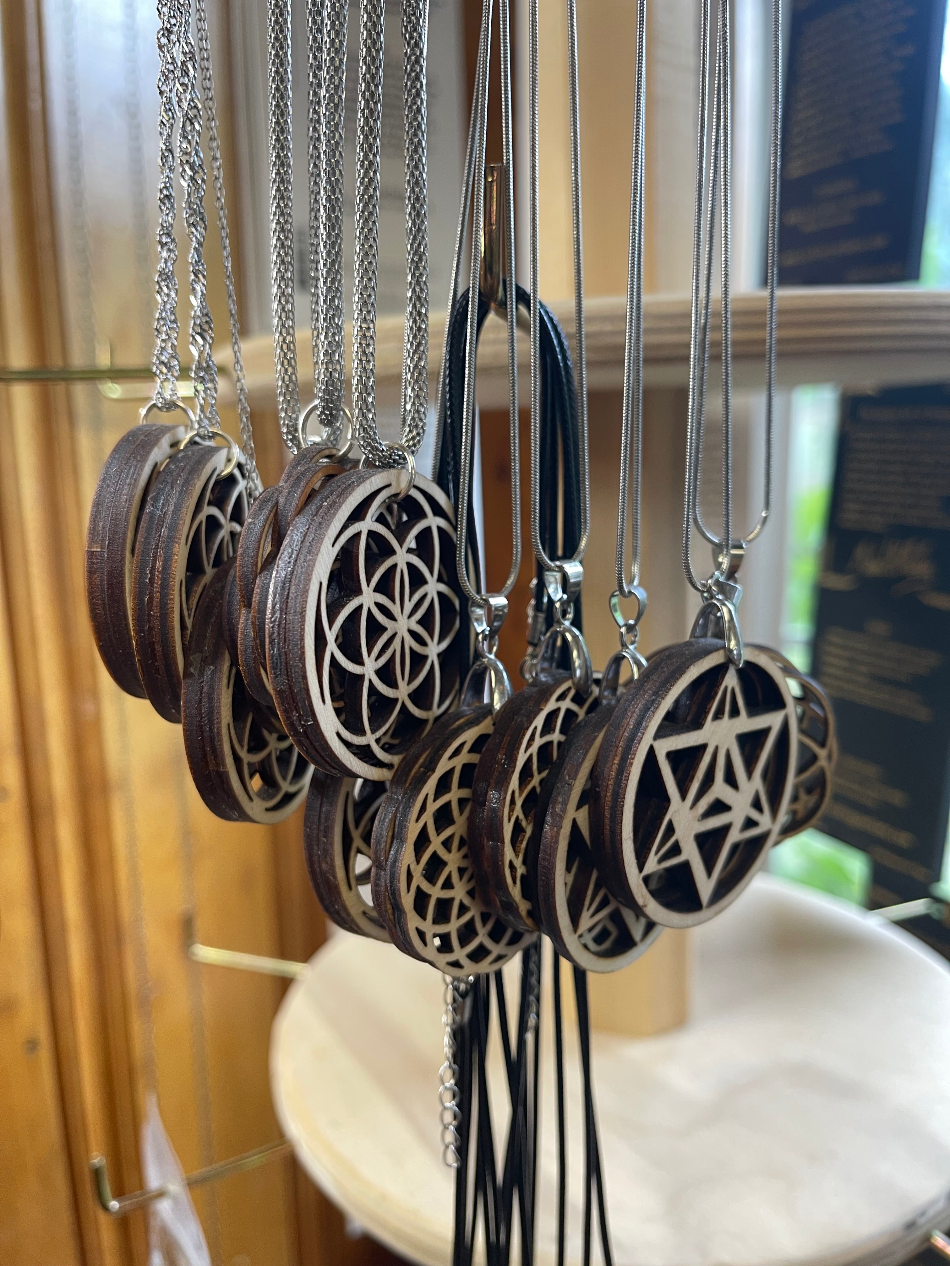 Sacred Geometry Wood Pendant with Chain MMM